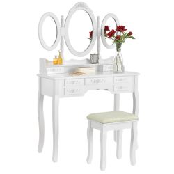 Toaletní stolek ELSA se 3 zrcadly, 7 zásuvek + taburet - bílá
